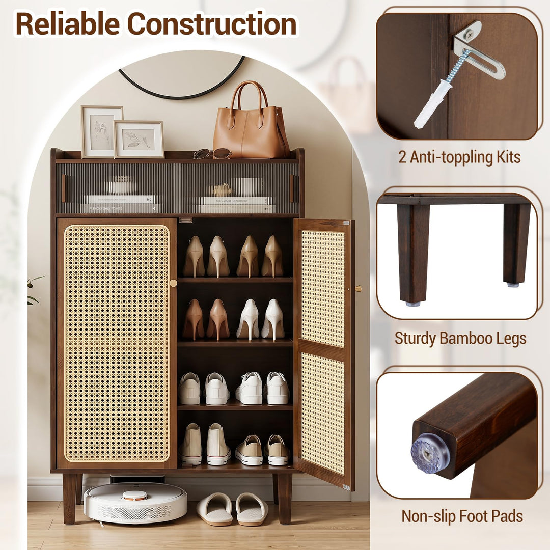 Giantex Bamboo Shoe Cabinet w/Woven Rattan Doors