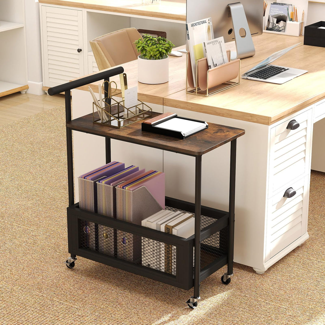 Giantex Rolling End Table with Handle 2-Tier Sofa Side Table with Open Shelf & Mesh Basket