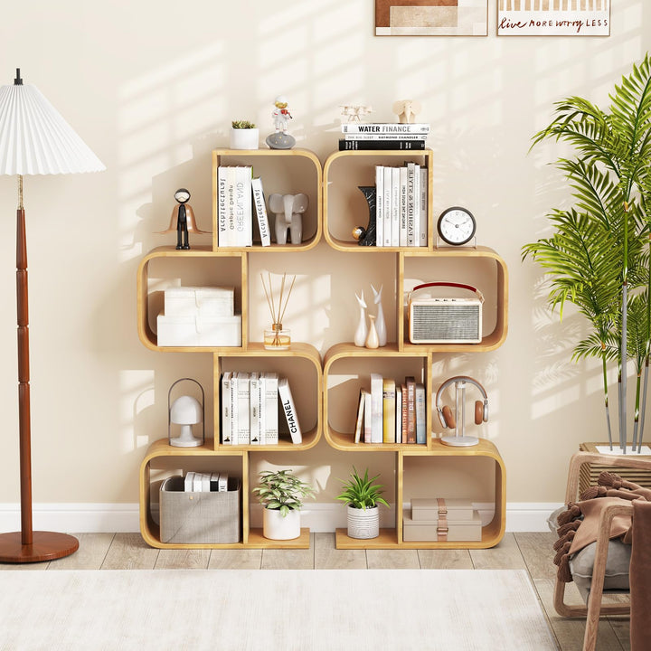 Giantex 4-Tier S-Shaped Bamboo Bookshelf with 4 Open Cubes