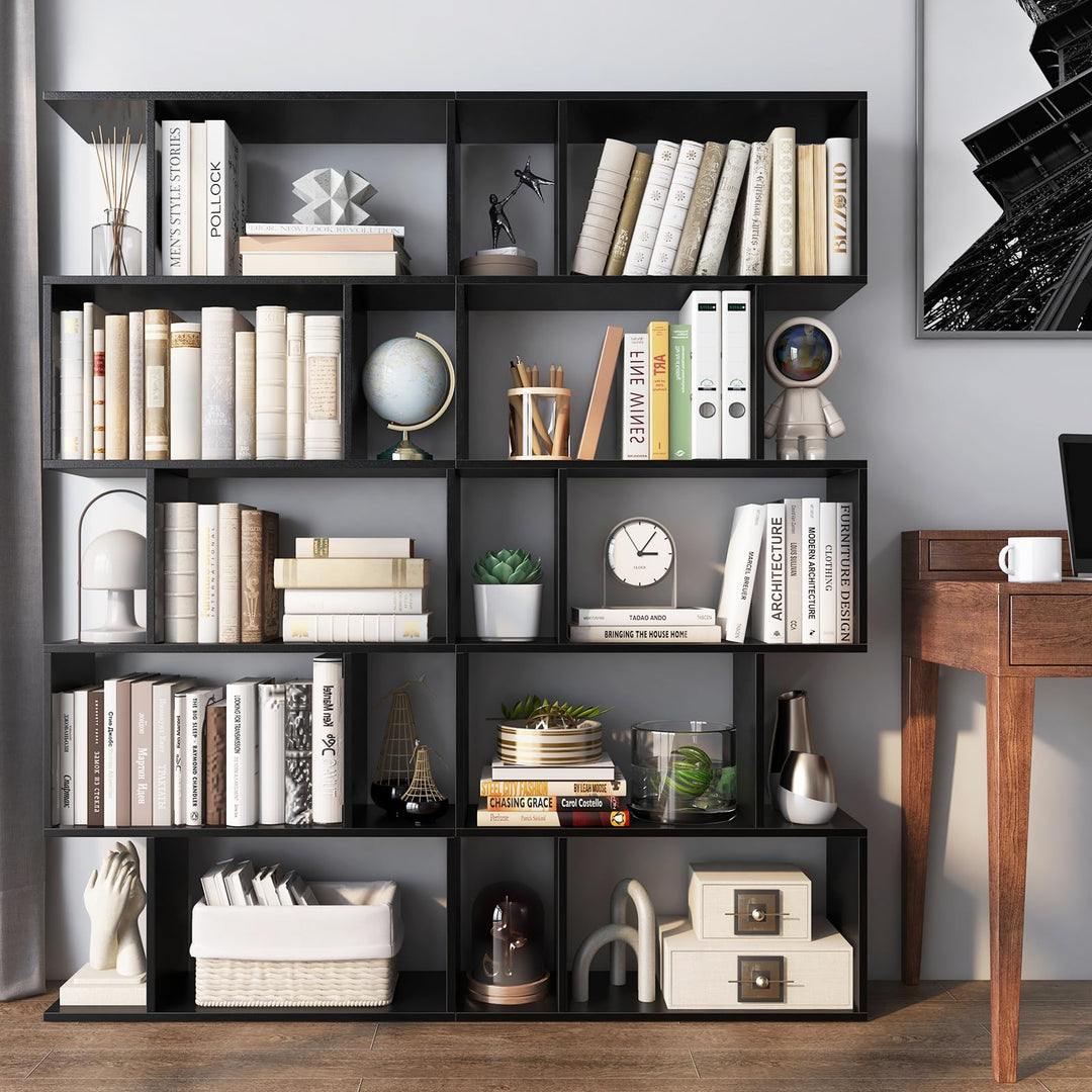 Giantex 5-Tier Geometric Bookshelf, 62.5" Tall Wood S-Shaped Bookcase with Anti-Tipping Device