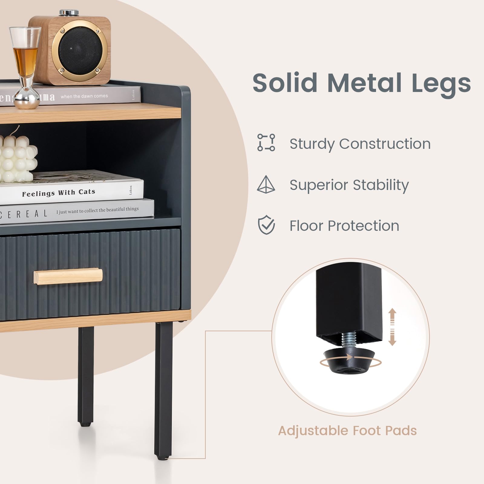 Giantex Modern Nightstand with Drawer - Bedside Table with Open Shelf, Gray