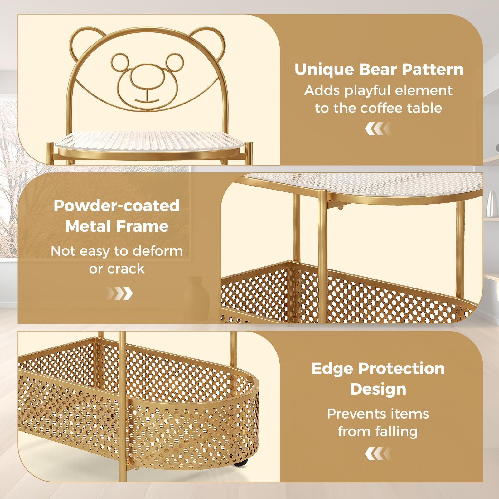Giantex Mobile Glass Coffee Table, 2-Tier Modern Cocktail Table with Bear Pattern, Storage Basket & Metal Frame