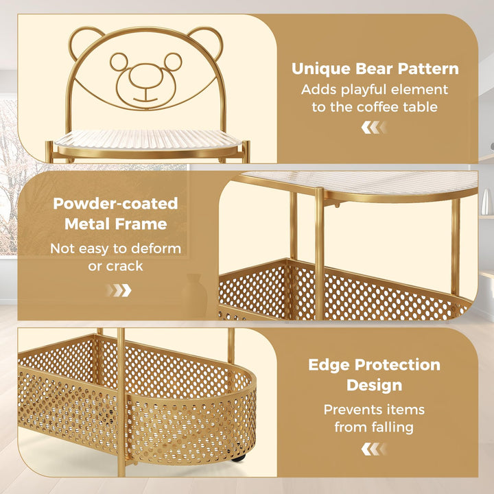 Giantex Mobile Glass Coffee Table, 2-Tier Modern Cocktail Table with Bear Pattern, Storage Basket & Metal Frame
