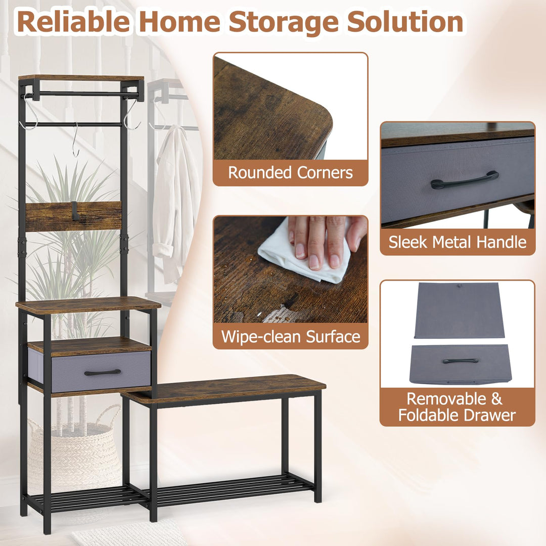 Giantex 7-in-1 Hall Tree with Bench and Shoe Storage