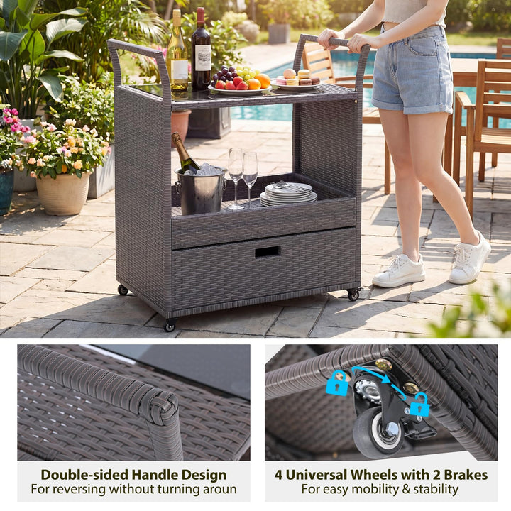 Giantex Rolling Wicker Cart W/Shelves and Big Drawer for Dining Room