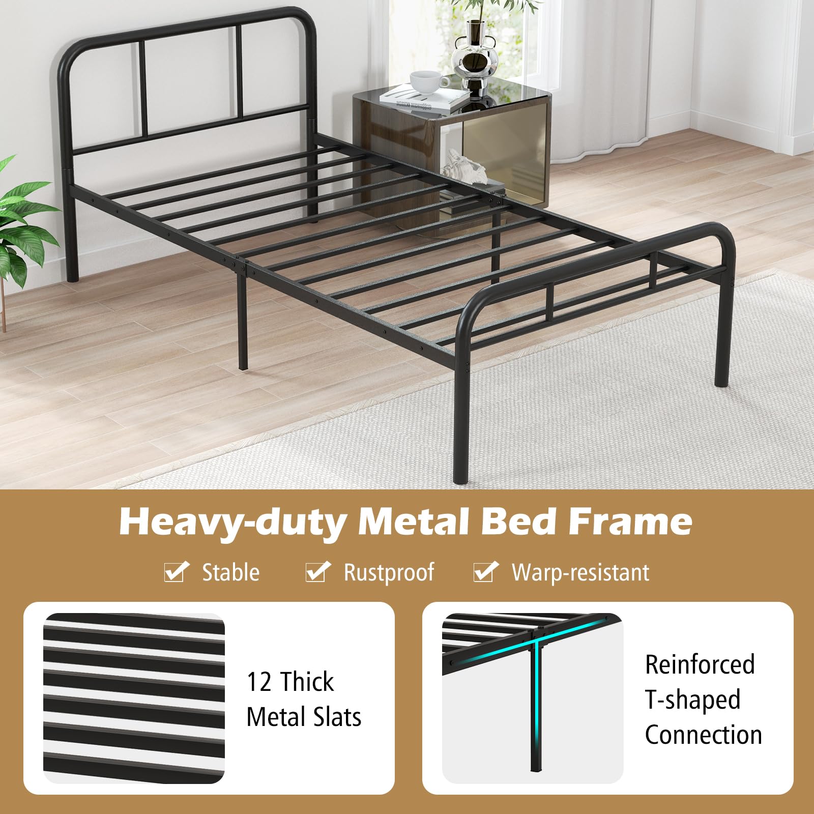 Giantex Twin Size Bed Frame, Modern Metal Platform Bed with Headboard and Footboard, Heavy Duty Steel Slat Support Mattress Foundation