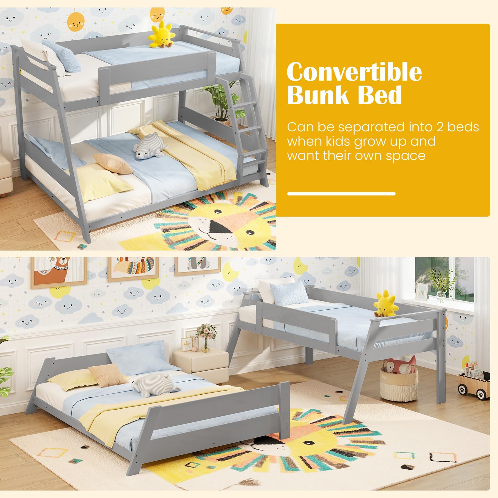 Giantex Wood Bunk Beds Twin Over Full Size, Solid Wood Floor Low Bunk Bed w/Removable Ladder