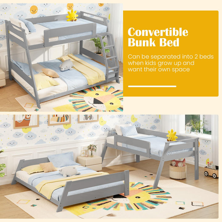 Giantex Wood Bunk Beds Twin Over Full Size, Solid Wood Floor Low Bunk Bed w/Removable Ladder