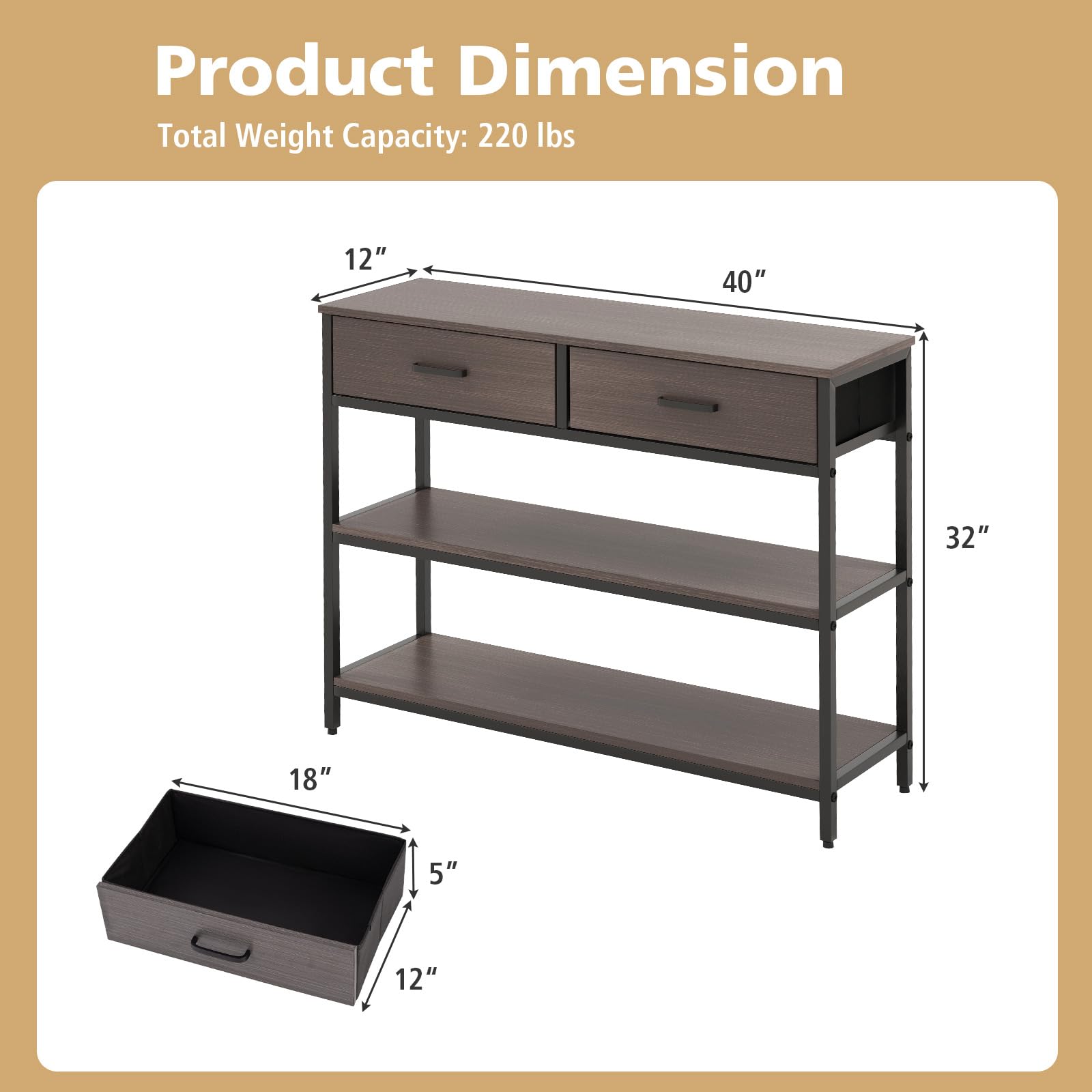 Giantex 3-Tier Entryway Table with Storage, Sofa Table w/ 2 Large Drawers, 2 Open Storage Shelves