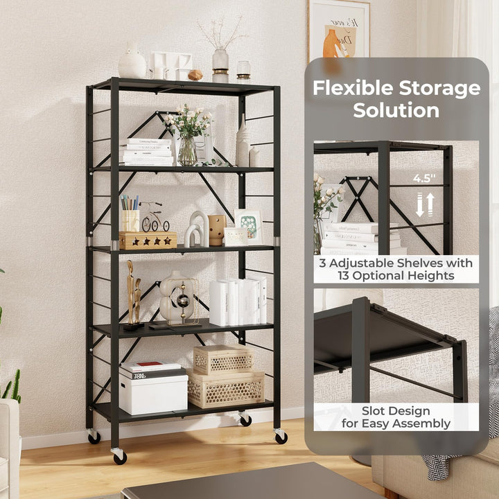 Giantex 5-Tier Foldable Storage Shelf with Wheels Set of 1/2, Collapsible Shelving Unit with Adjustable Shelves