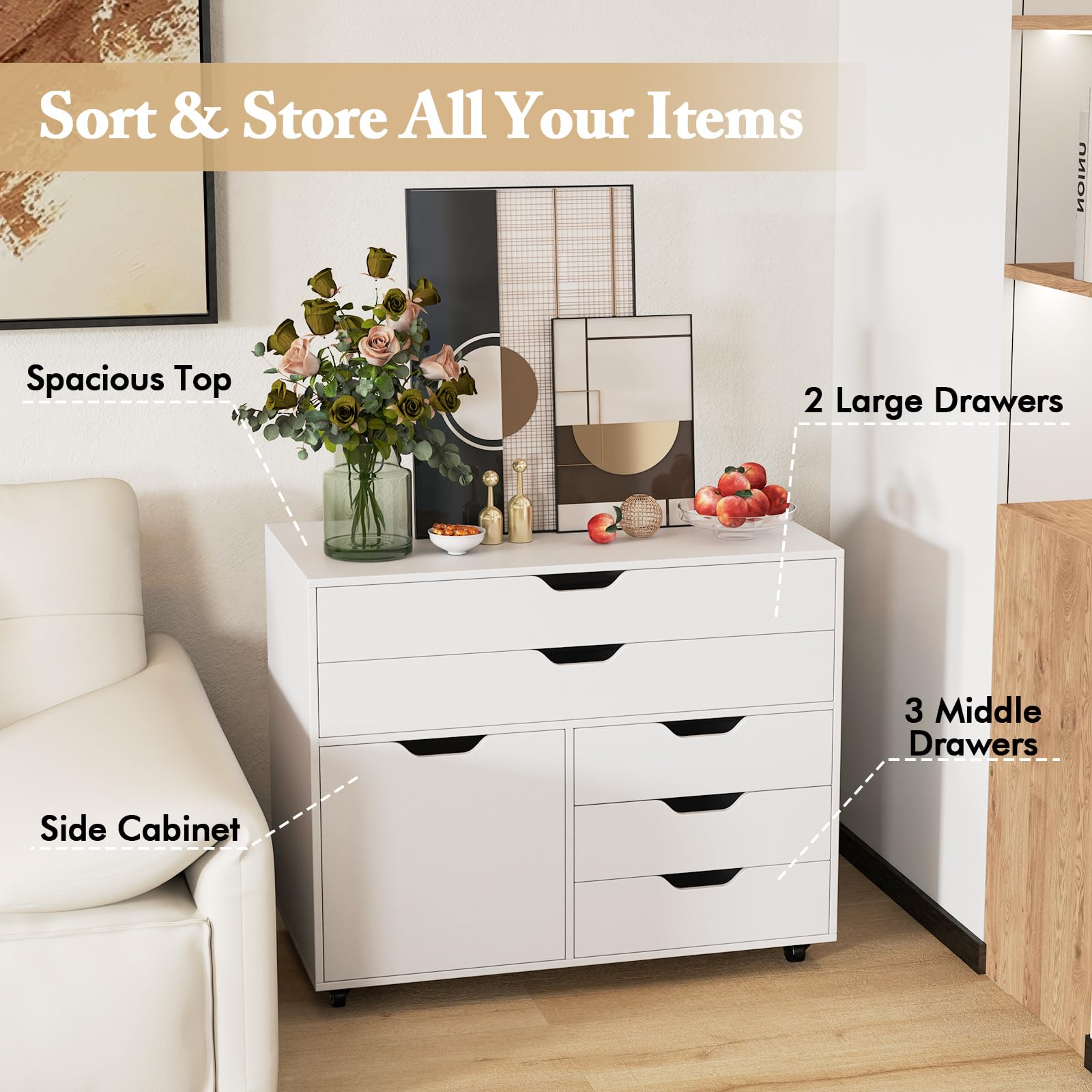 Giantex File Cabinet, Rolling Lateral Filing Cabinet with 2 Large Drawers, 3 Small Drawers