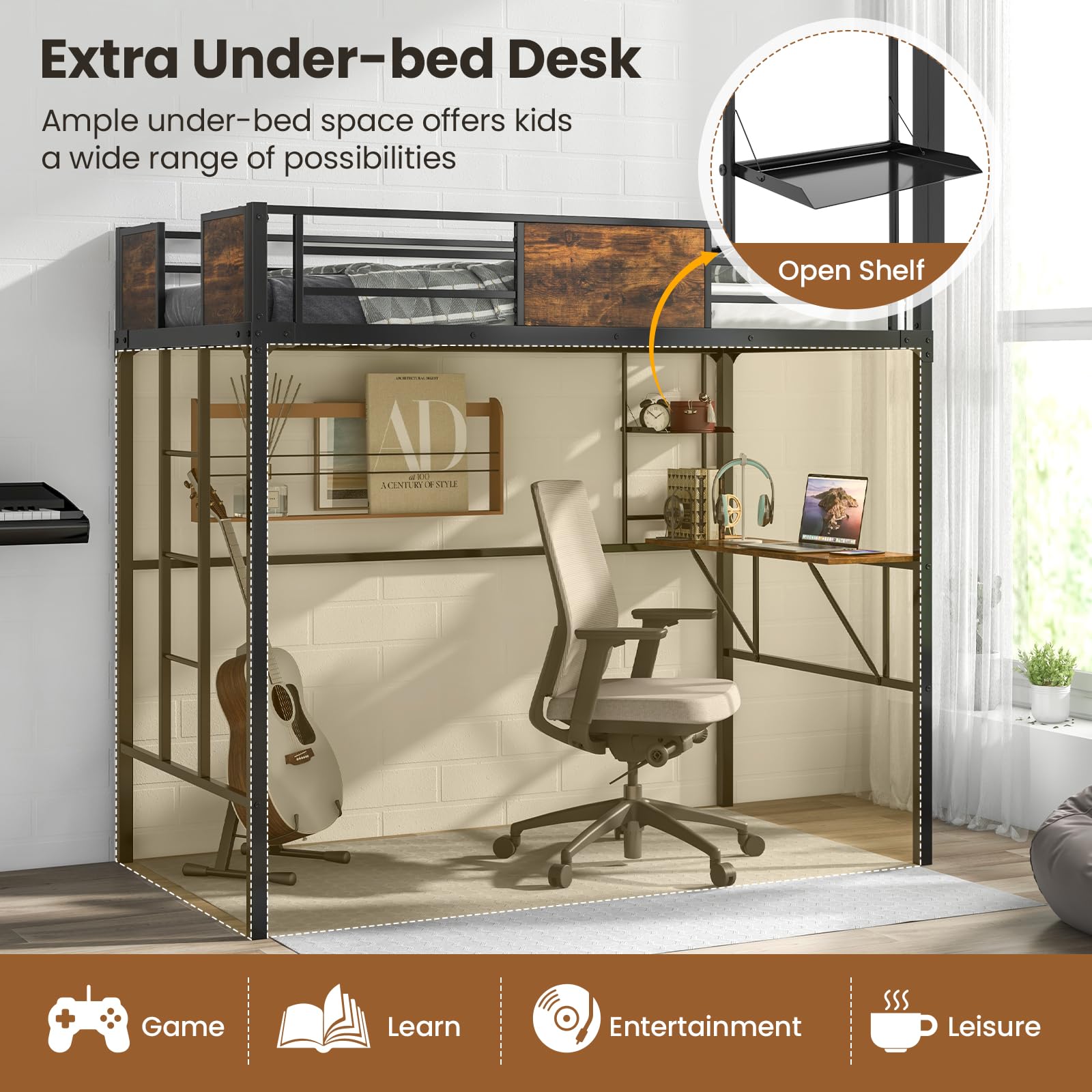 Giantex Loft Bed Twin Size with Desk and Storage Shelf