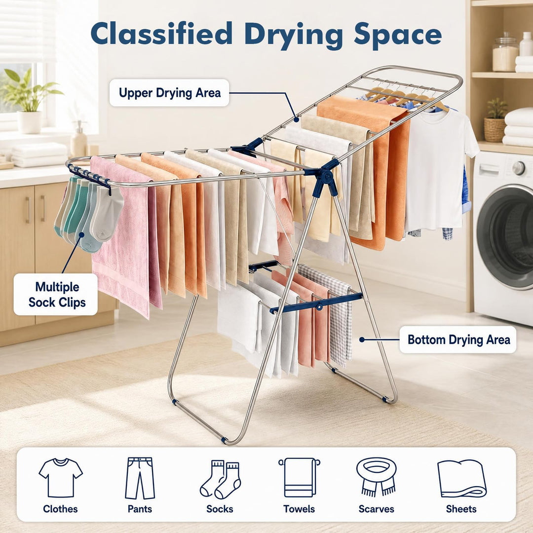 GIANTEX 60" L 2-Tier Foldable Clothes Drying Rack with Sock Clips