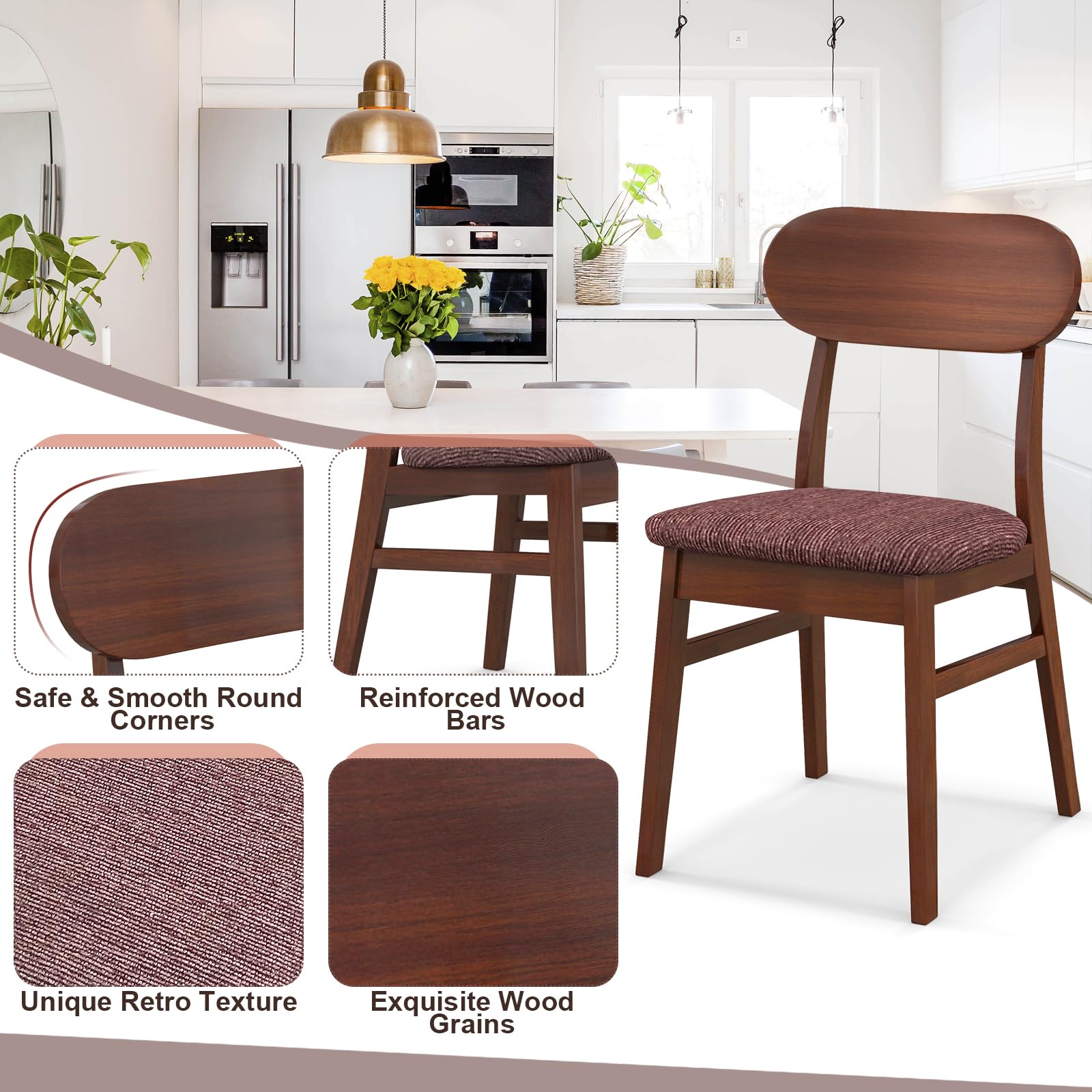 Giantex Wooden Dining Chairs Set of 4 Walnut, Farmhouse Kitchen Chairs with Padded Seat
