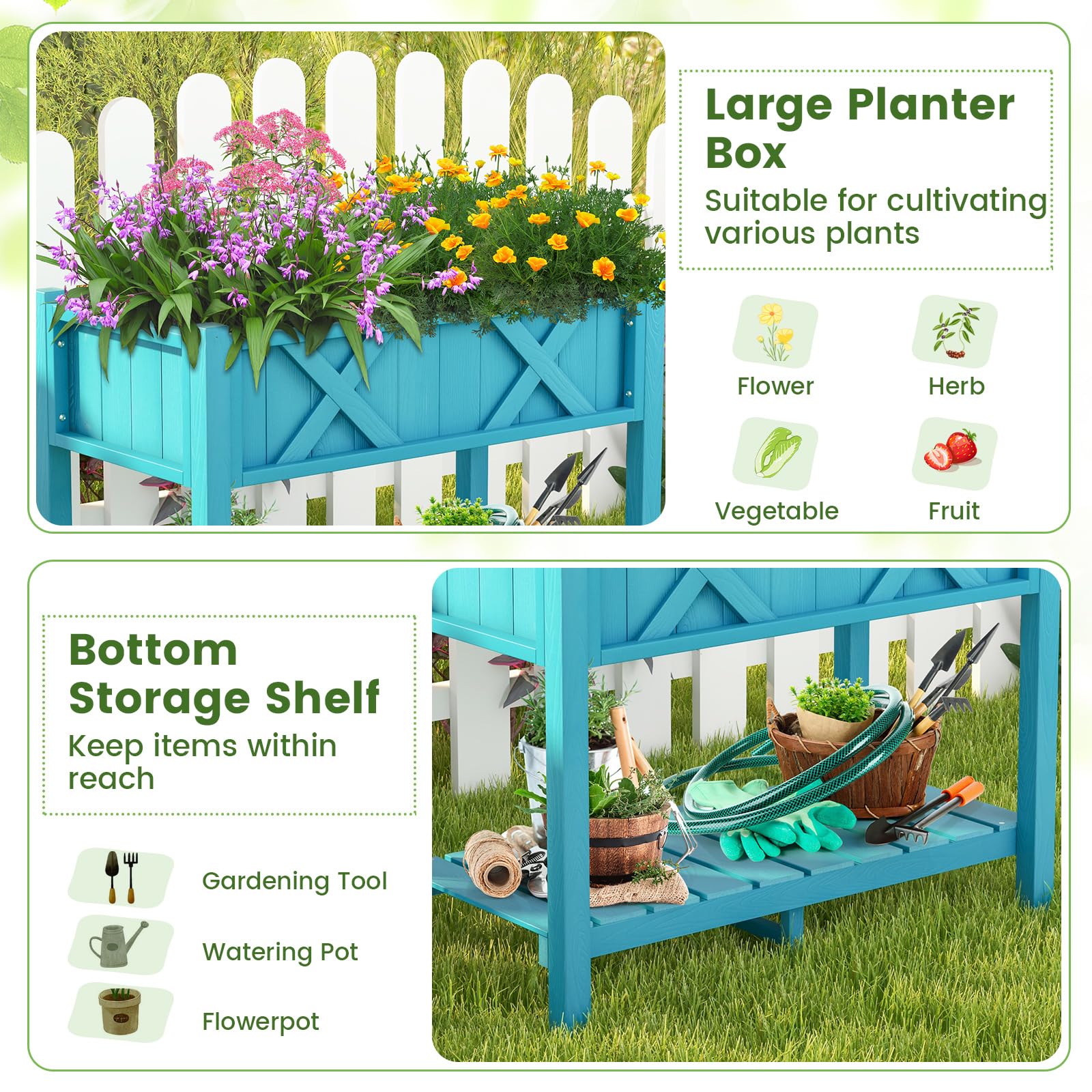 Giantex HIPS Raised Garden Bed, Elevated Planter Box w/Legs, Storage Shelf, Drain Holes