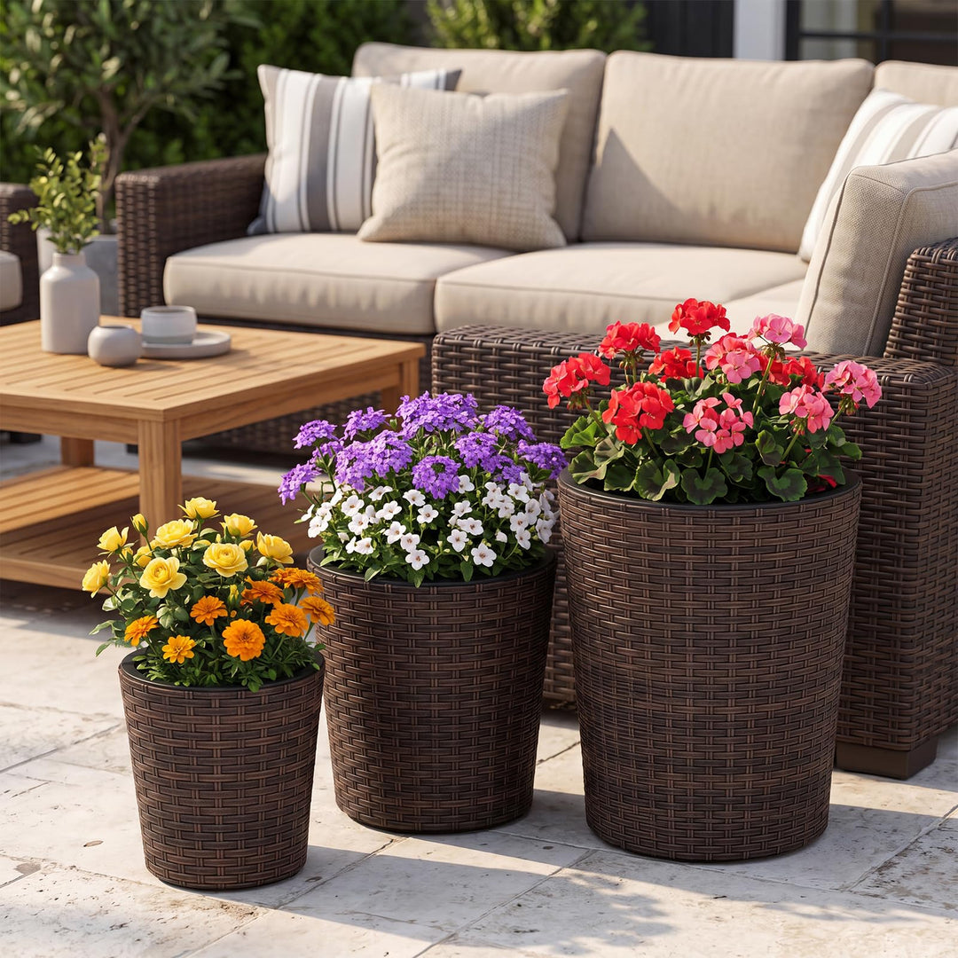 Giantex Set of 3 Plastic Planters | 14 &amp; 11 &amp; 9 Inch Taper Rattan Planters with Drainage Holes and Saucers