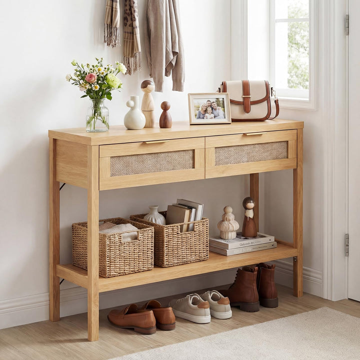 Giantex 40" Rattan Console Table with Storage for Foyer Hallway Entrance