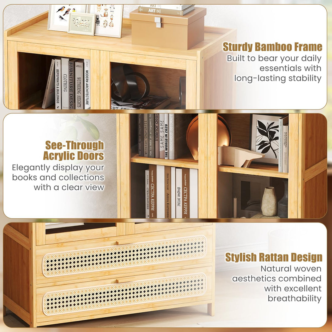 GIANTEX 54.5" Tall 6-Tier Freestanding Bamboo Bookshelf with 2 Acrylic Doors and 2 Drawers