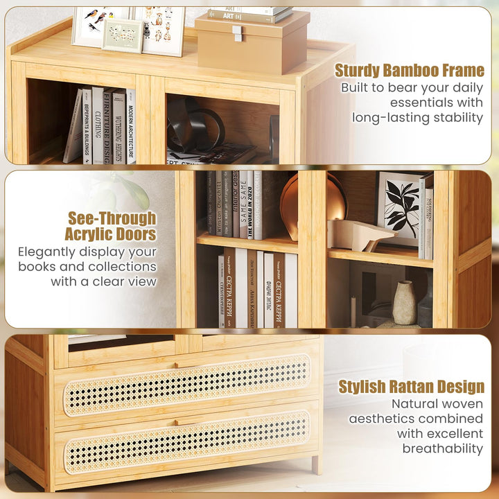 GIANTEX 54.5" Tall 6-Tier Freestanding Bamboo Bookshelf with 2 Acrylic Doors and 2 Drawers