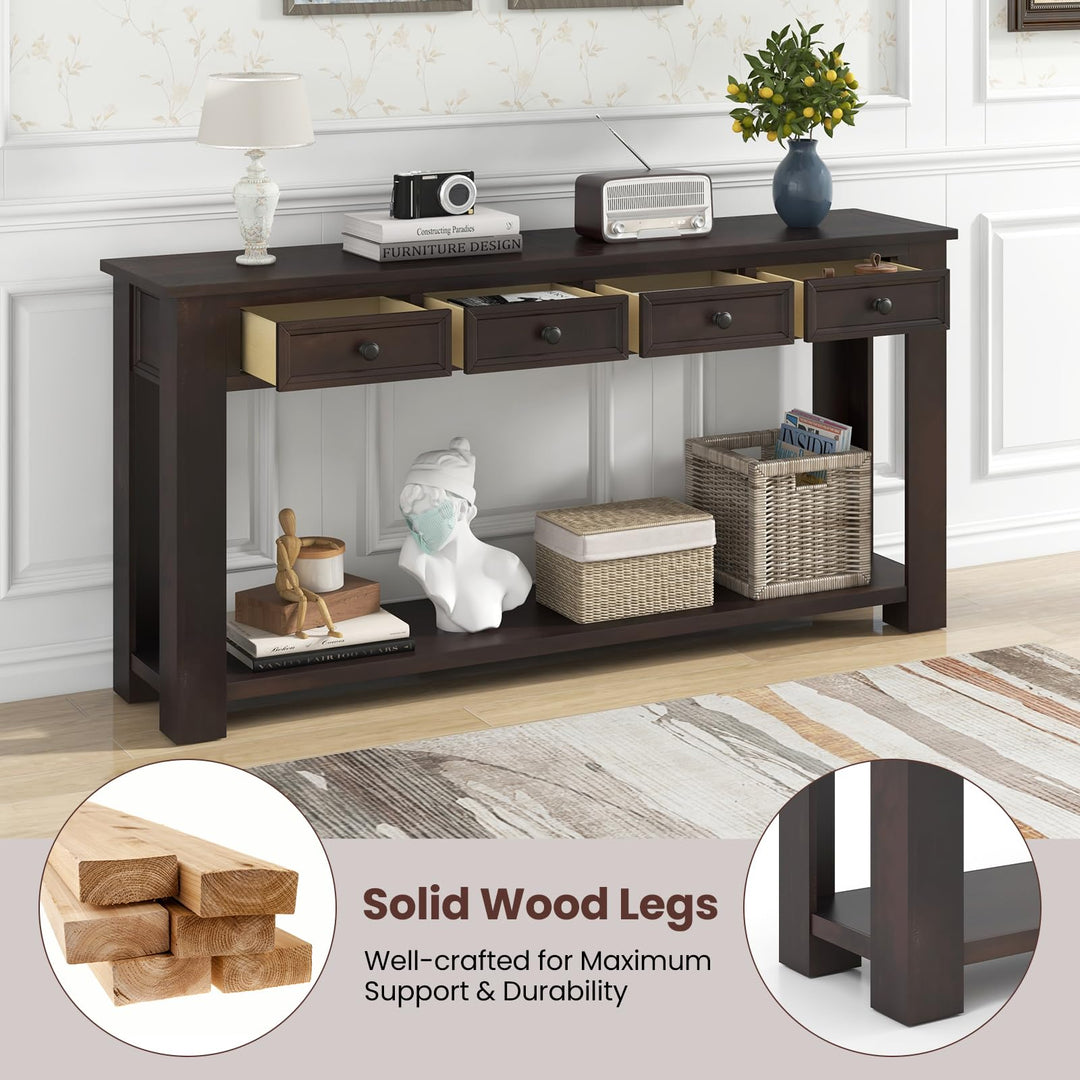Giantex 63" Farmhouse Entryway Table, Narrow Console Table w/ 4 Storage Drawers & Open Shelf