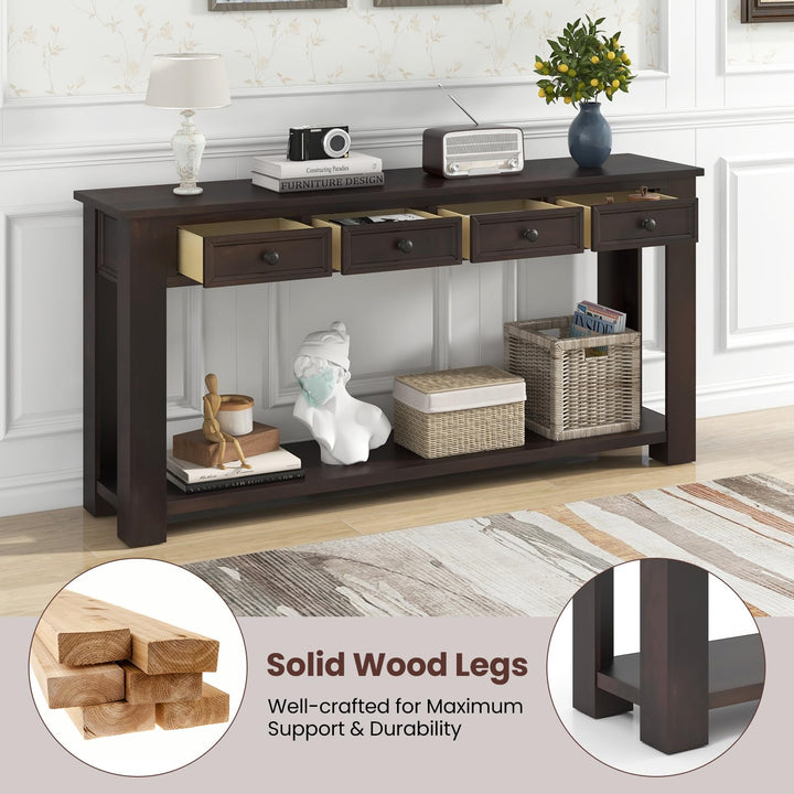 Giantex 63" Farmhouse Entryway Table, Narrow Console Table w/ 4 Storage Drawers & Open Shelf