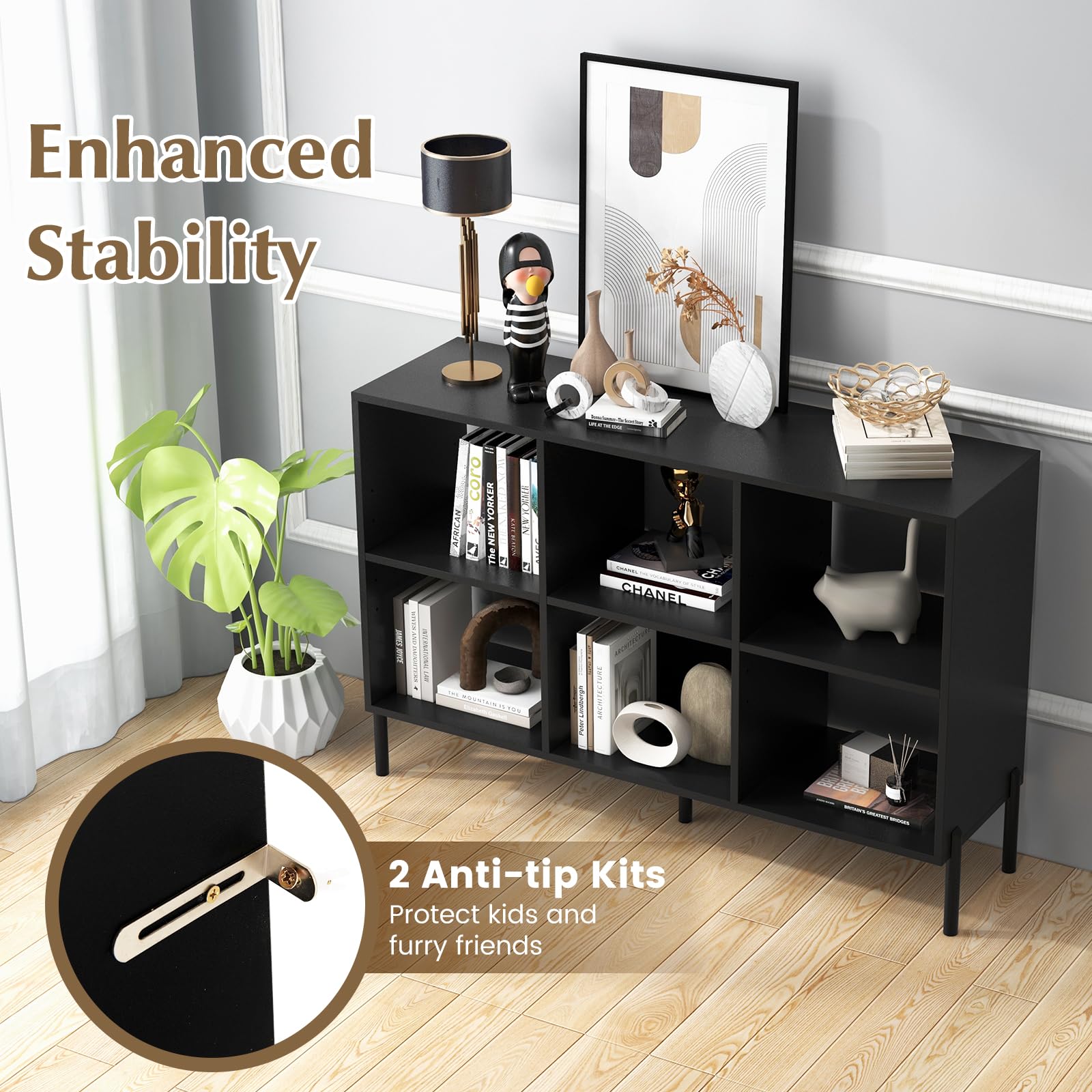 Giantex 6 Cube Bookcase, 3-Tier 47" Long Wood Bookshelf w/ 5 Metal Legs, Adjustable Shelf, Anti-toppling Device