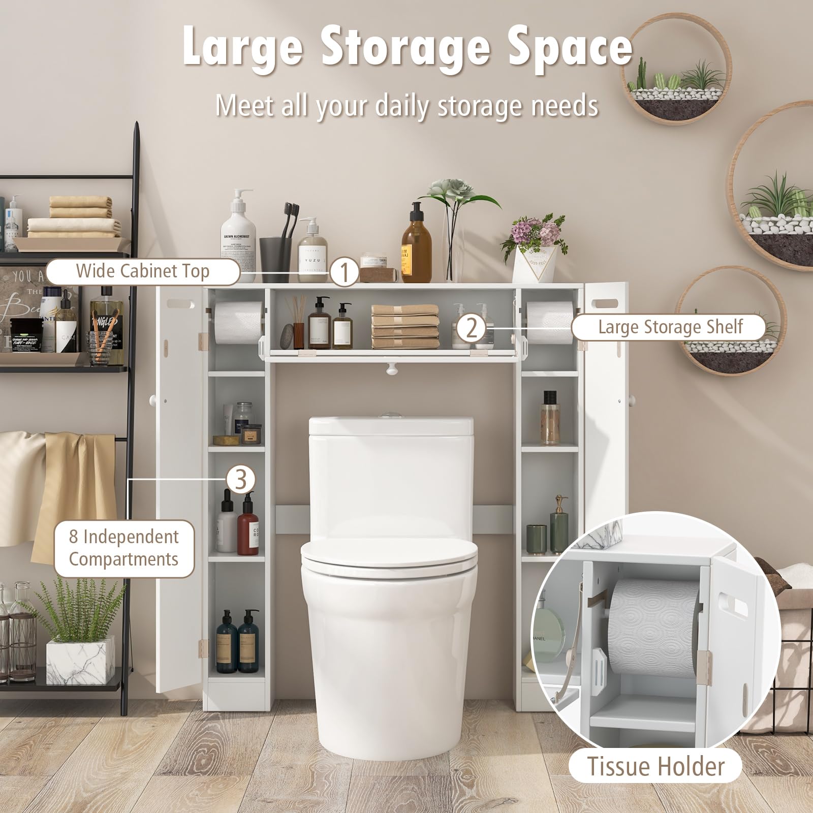 Over-The-Toilet Rack Bathroom Shelf Storage Cabinet Wooden Drop Door Freestanding Spacesaver Improvements, White