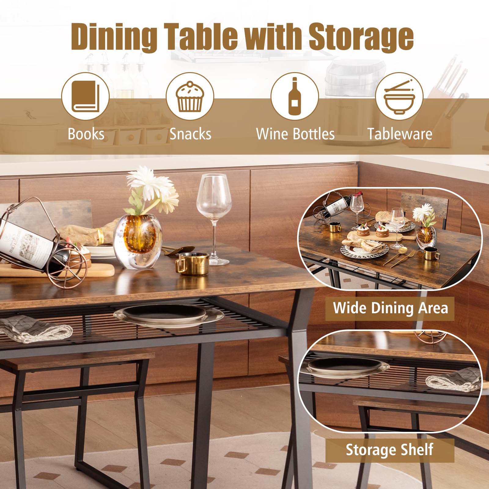 Giantex Dining Table Set for 4, 47”L x 28”W Rectangular Kitchen Table w/ 4 Trapezoid Chairs