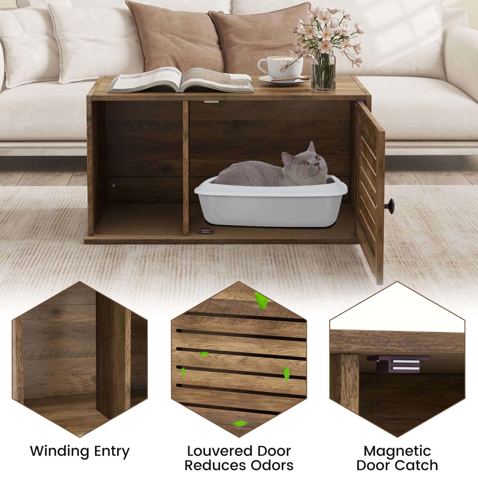 Giantex Cat Litter Box Enclosure - Litter Box Hidden Furniture with Louvered Door, Front Entry, Storage Cabinet