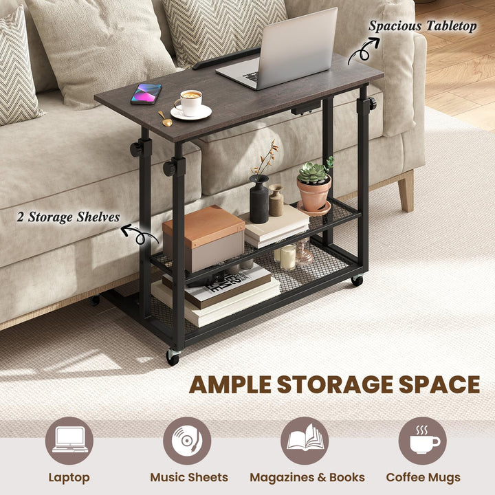 Giantex Adjustable Rolling Computer Desk with Tilting Desktop and Storage Shelves