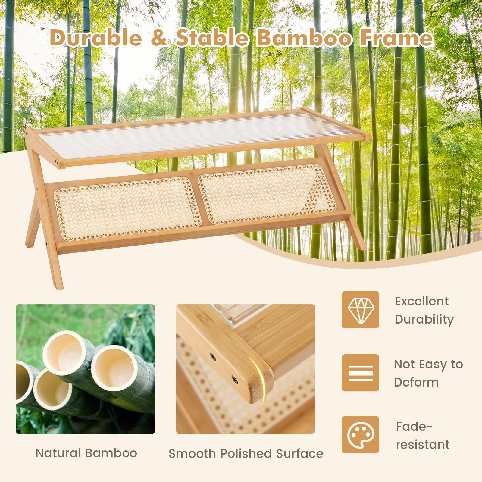 Giantex Boho Rattan Coffee Table, Bamboo Center Table W/Handwoven Rattan Rack & Tempered Glass Tabletop