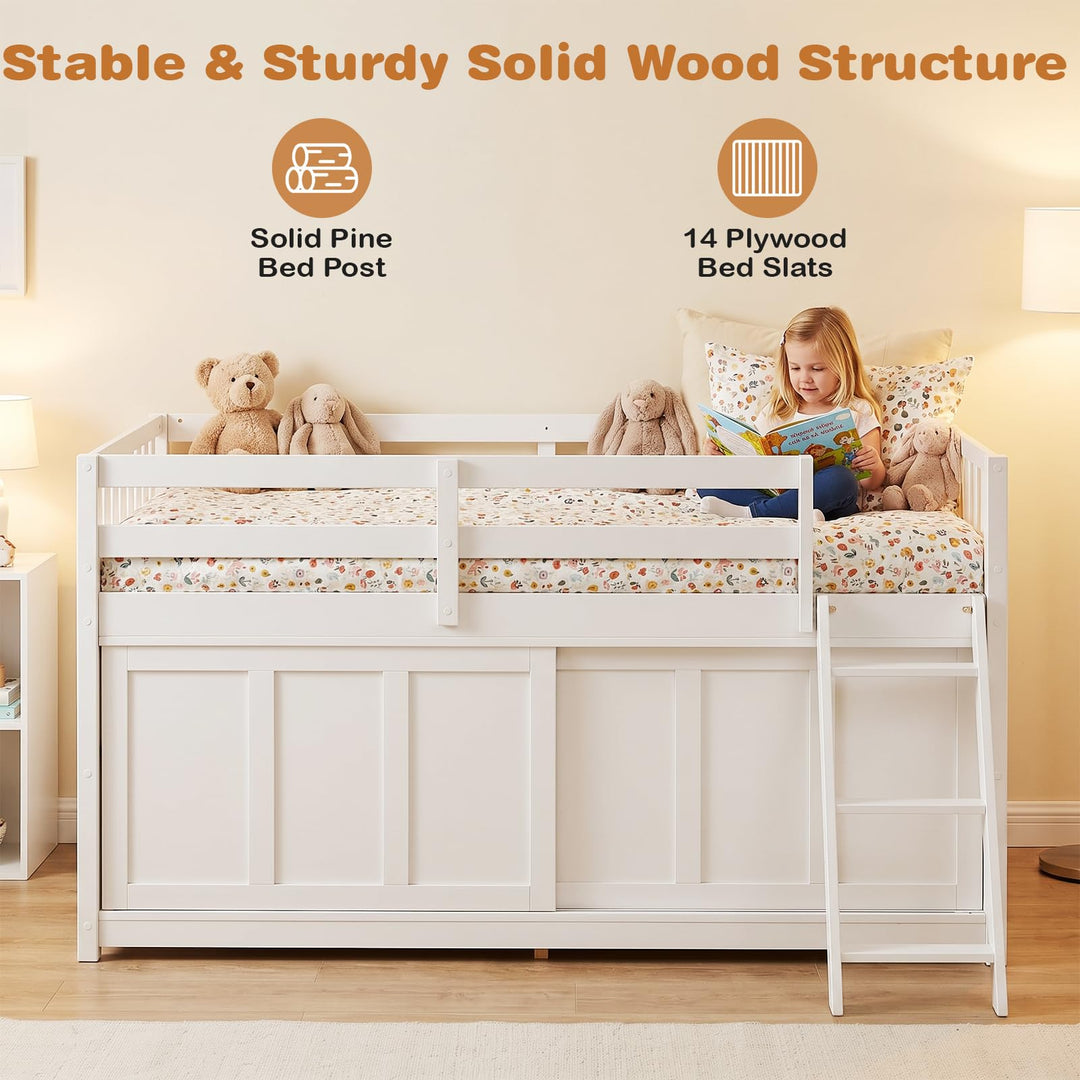 GIANTEX Wooden Low Loft Bed Twin Size with Sliding Door
