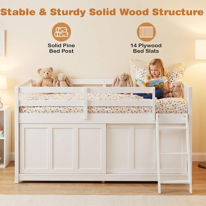 GIANTEX Wooden Low Loft Bed Twin Size with Sliding Door