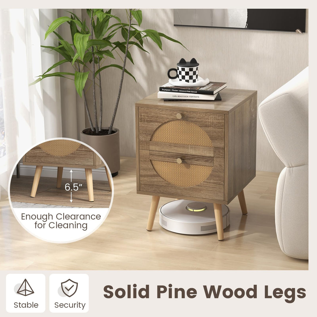 Giantex Rattan Nightstand Set of 2, Boho Bedside Tables with 2 Rattan Drawers