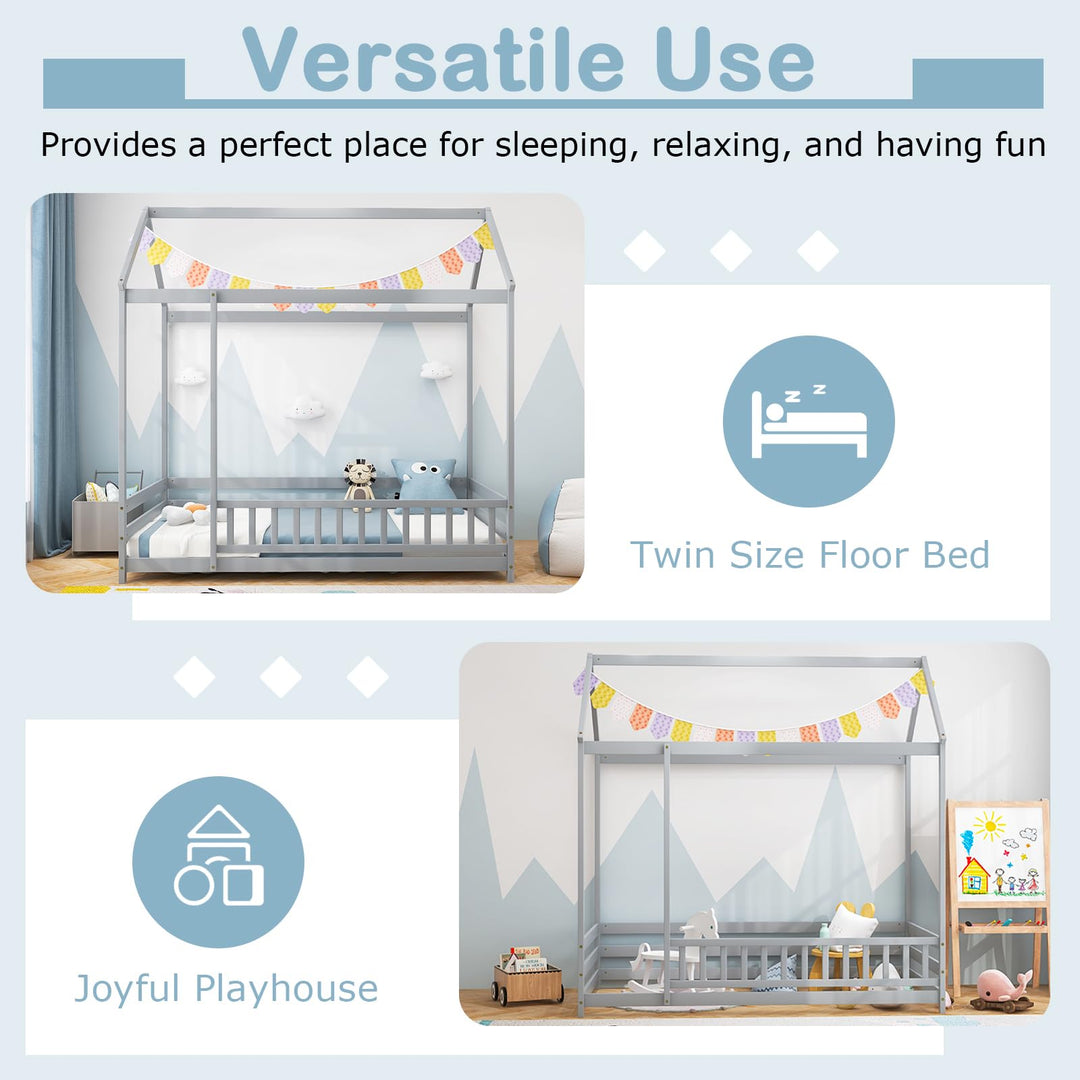 Giantex Twin Floor Bed with Fence, Wood Montessori Bed with Safety Guardrails and 80.5" High Roof Design