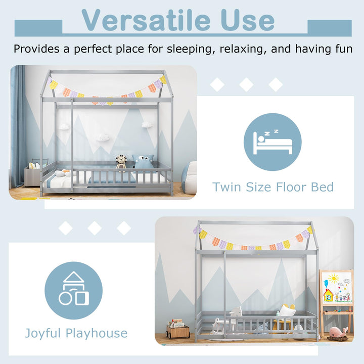 Giantex Twin Floor Bed with Fence, Wood Montessori Bed with Safety Guardrails and 80.5" High Roof Design