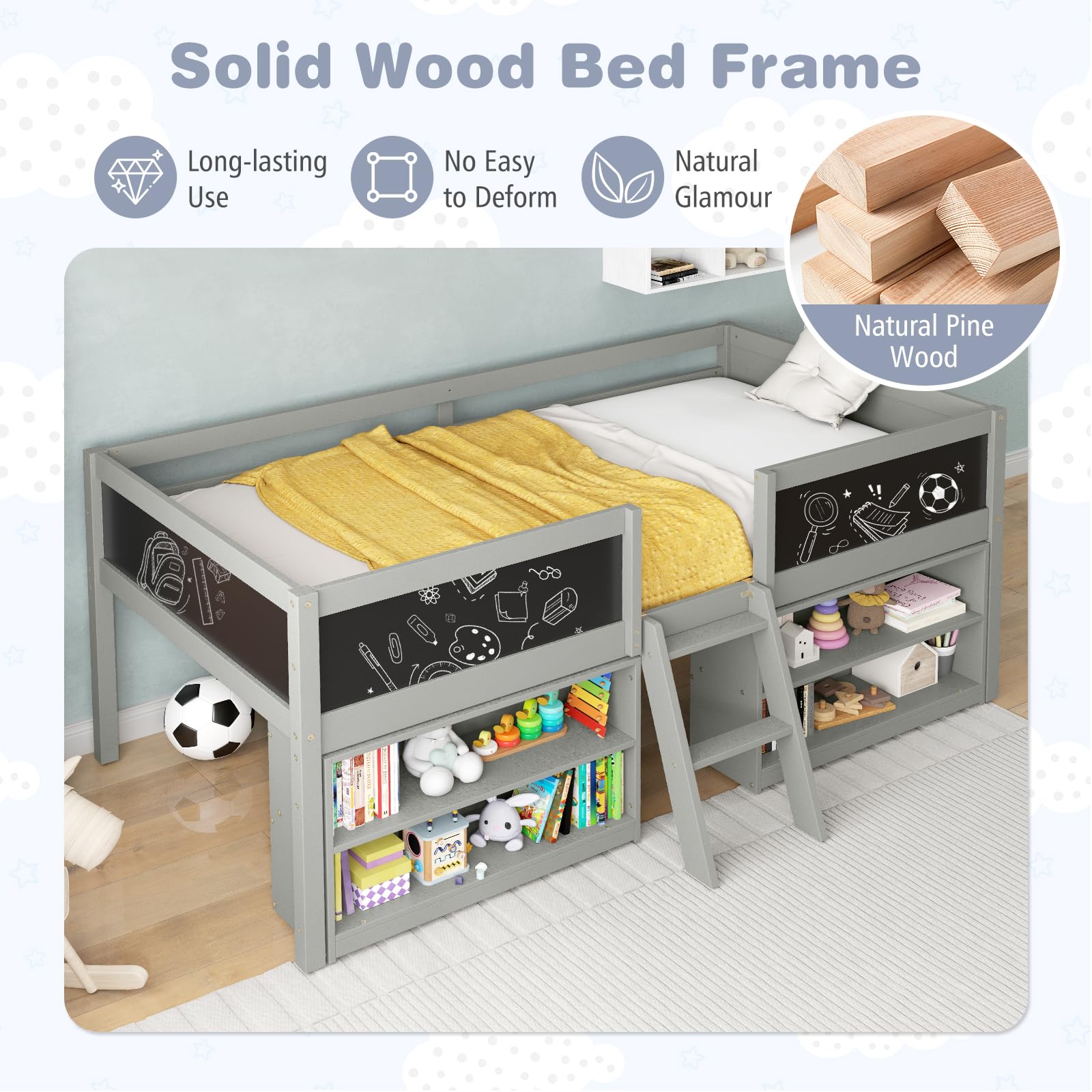 Giantex Low Loft Bed Twin Size, Wooden Loft Bed with Ladder & Blackboard