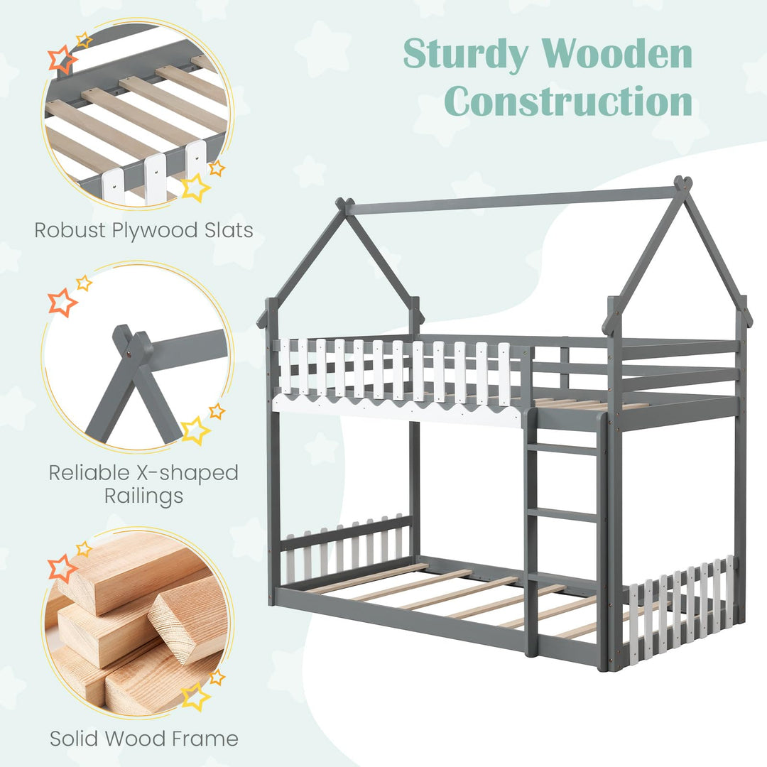 Giantex Bunk Bed Twin Over Twin, Wood House Low Bunk Bed with Ladder & Fence Safety Guardrail