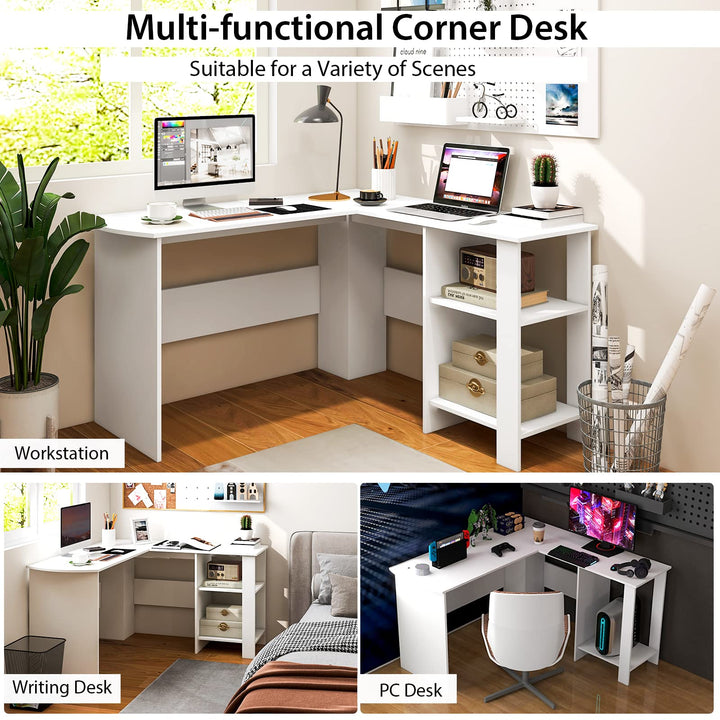 Giantex L Shaped Computer Desk, 51" Large Corner Desk with 2 Cable Holes & 2 Storage Shelves, White