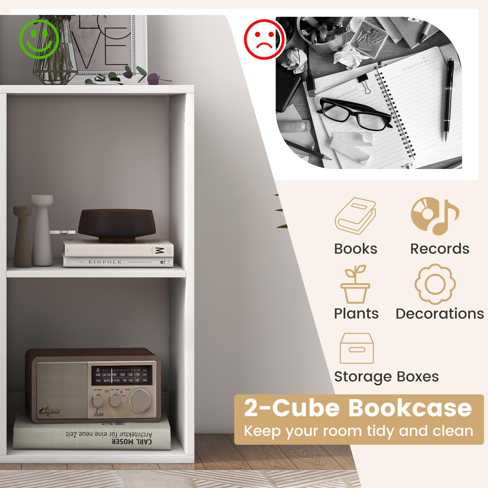 Giantex 2-Cube Bookcase, White Cubby Bookshelf w/Back Guardrail & Anti-Tipping Kits
