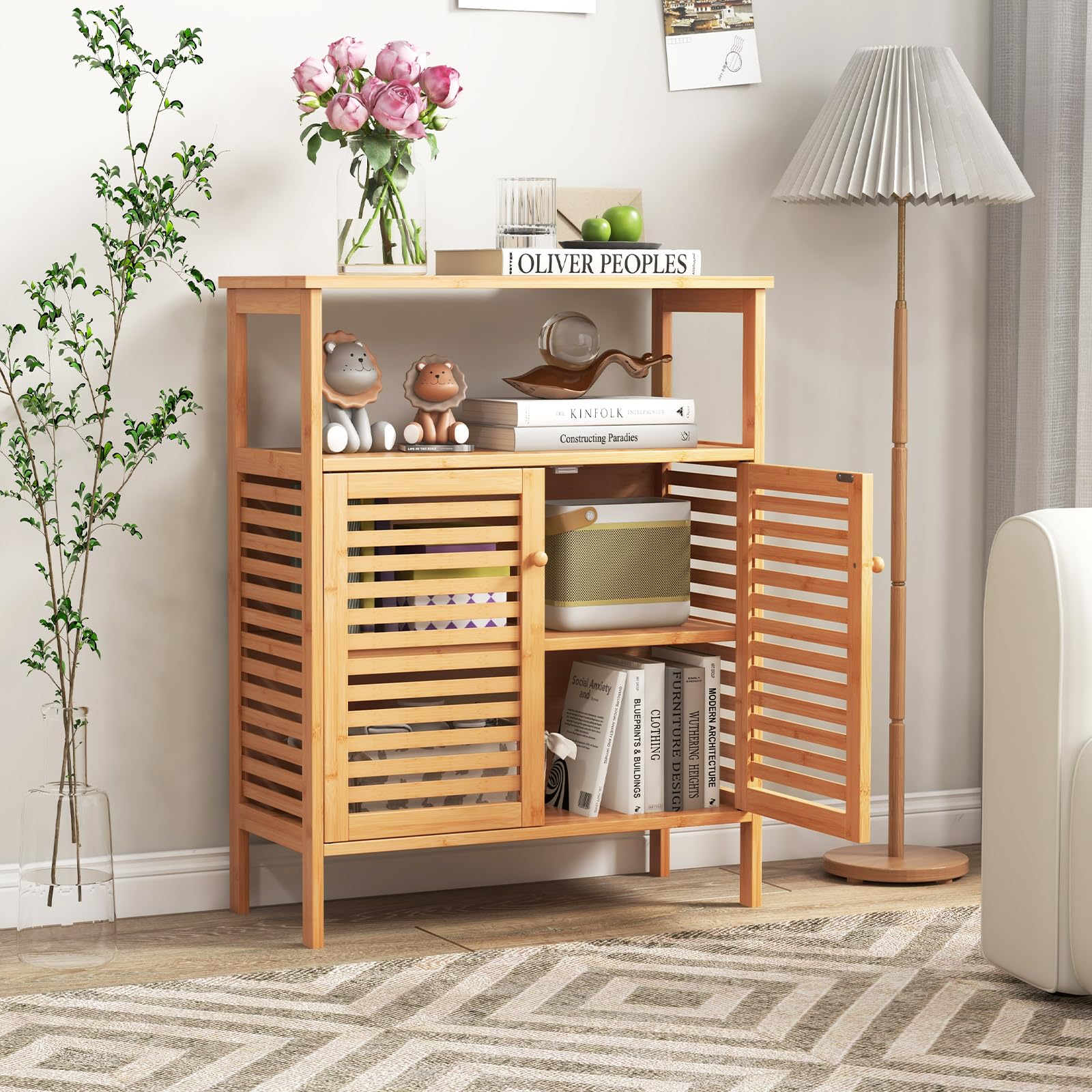 Giantex Storage Cabinet, Bamboo Bathroom Floor Cabinet with Double Louvered Doors