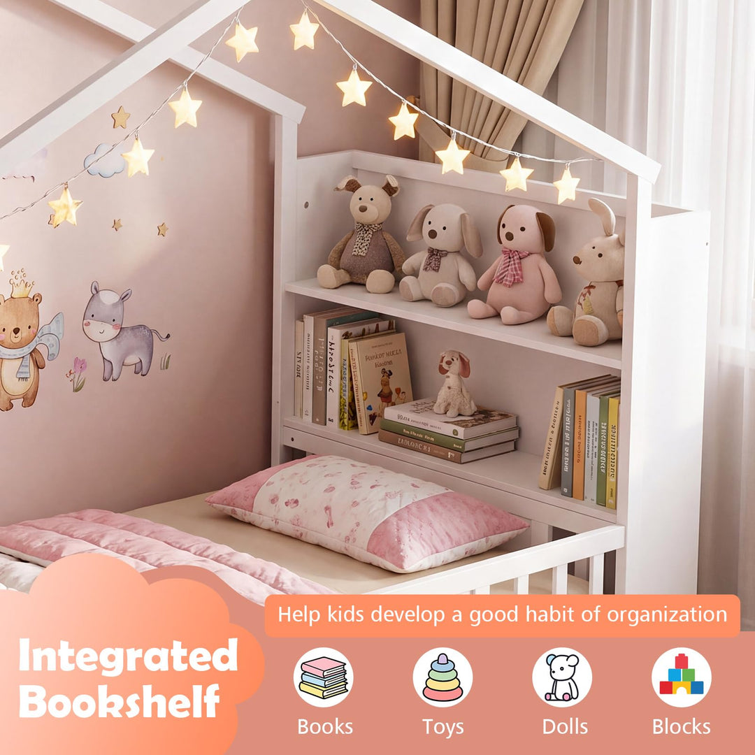 GIANTEX Twin Montessori Solid Wood Floor Bed with Storage Bookshelf