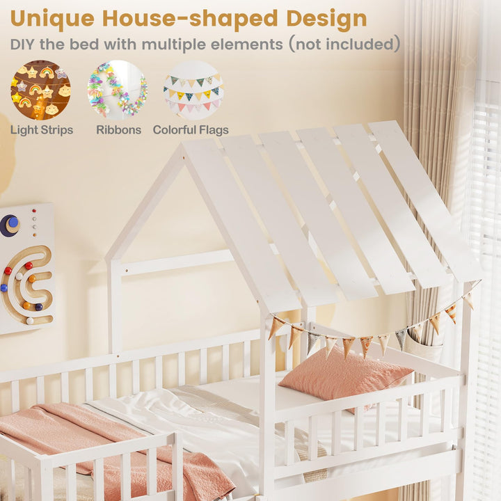 Twin Over Twin House Bunk Bed, Low Loft Bed Frame with Roof