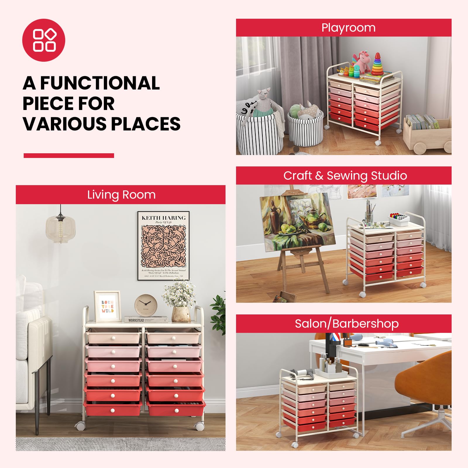 12 Drawers Rolling Cart for Office School Supplies - 25” x 15” x 24.5”