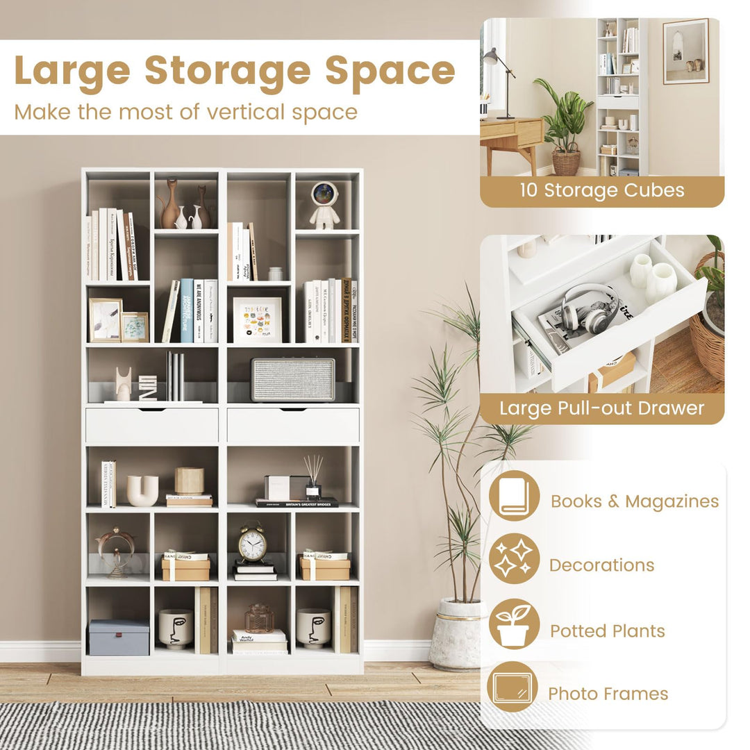 Giantex 71" Bookcase with Drawer Tall Freestanding Bookshelf with 10 Open Cubes