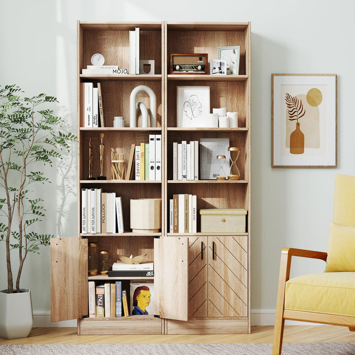 Giantex 6-Tier Bookshelf with Double Doors, 71" Tall Bookcase w/ 4 Open Cubes & 3 Adjustable Shelves