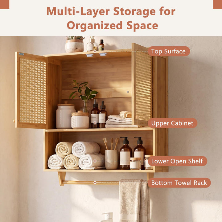 GIANTEX Wall Mounted Bamboo Bathroom Wall Cabinet with Towel Rack