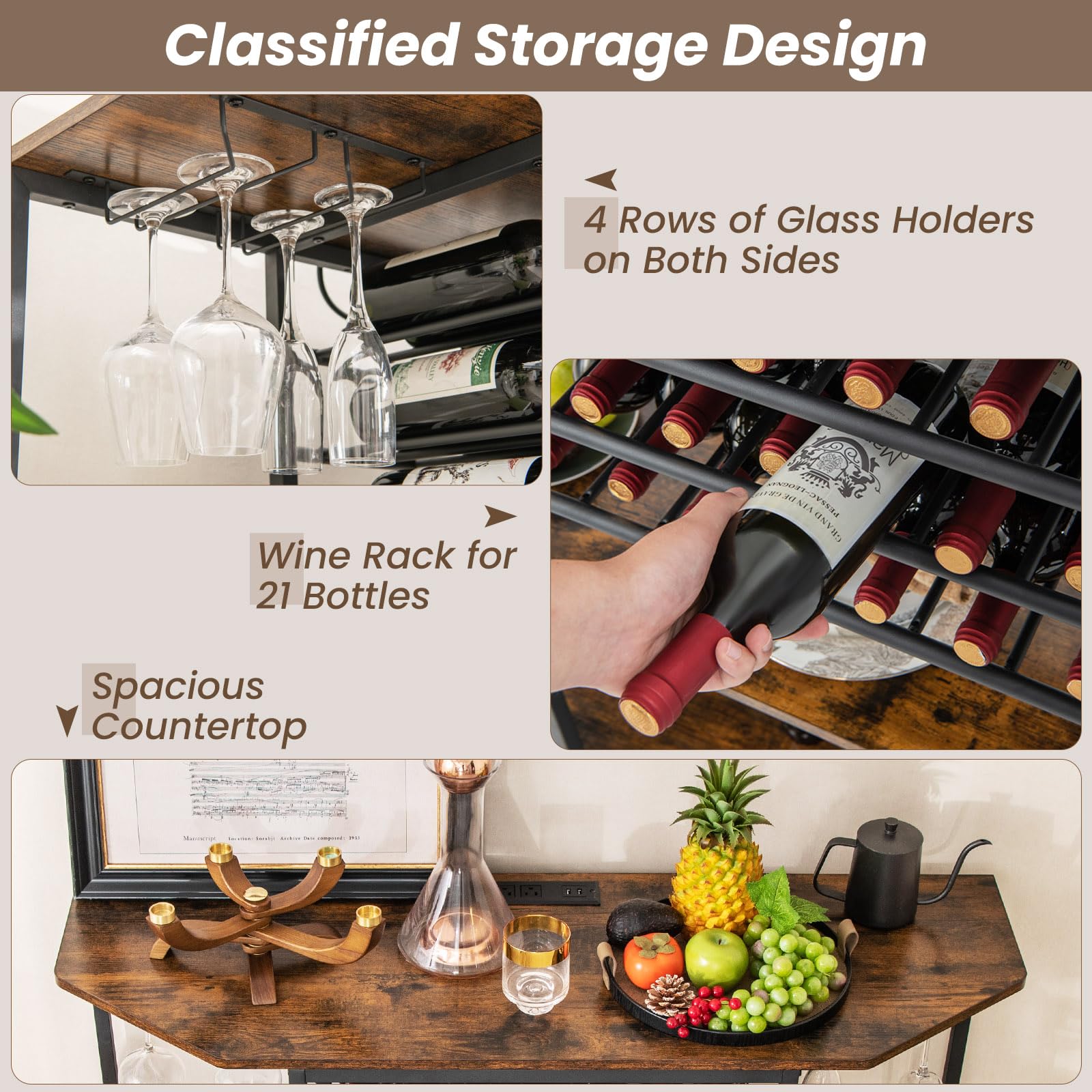 Giantex Wine Bar Cabinet with Power Outlet, Mini Coffee Bar Stand Table with 21 Bottle Wine Rack & Glass Holders