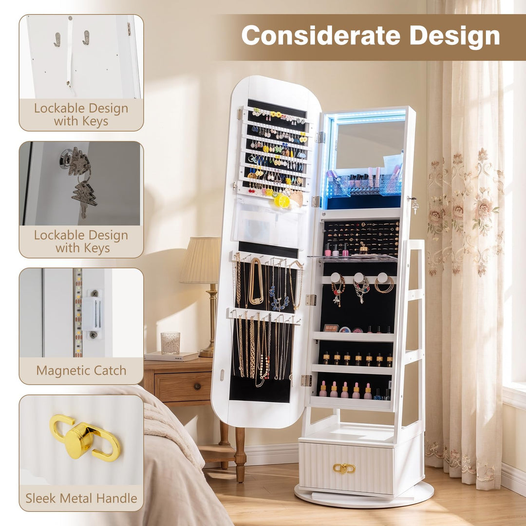 CHARMAID 360° Swivel Lockable Jewelry Armoire with Fluted Drawer