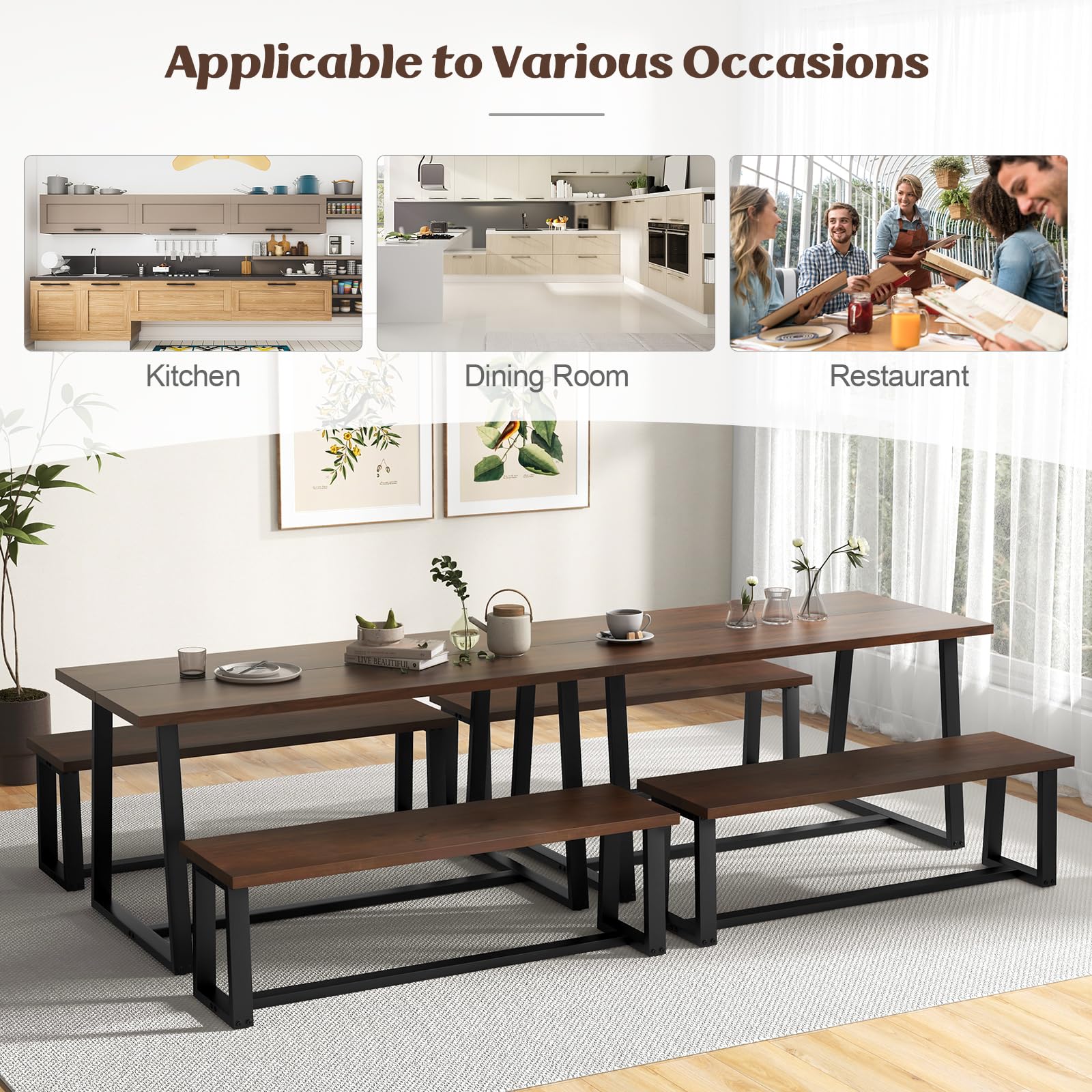 Giantex Dining Table Set for 4, 63” Table and 56.5” Benches Set for 4-6 People with Metal Frame